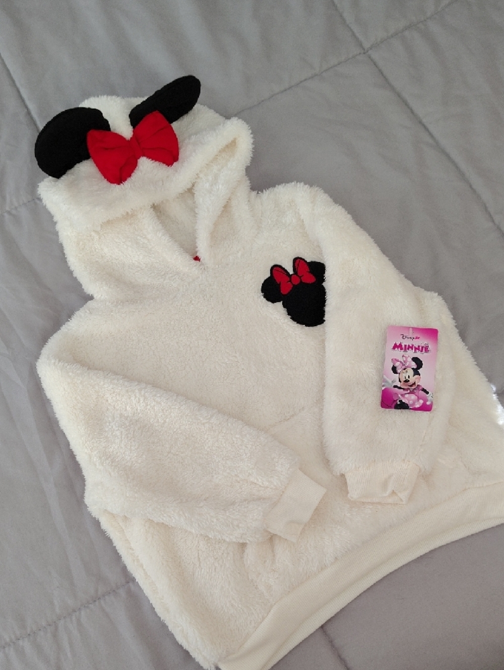 Disney Cream Hooded Minnie Mouse Fleece Top with Red Bow - Picture 3 of 8
